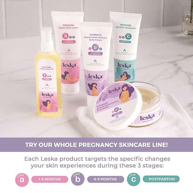 Leska Maternity Set | Belly Lotion, Belly Oil, Stretch Mark Defense Cream & Butter, Toning Gel | Maternity Stages Skin Care for Pregnancy & Postpartum |New Mom Gifts (Set of 5, 4-4.93oz each)
