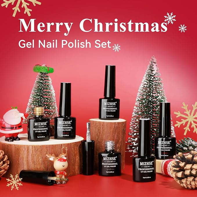 MIZHSE Gel Nail Polish Set, 6 Colors Sparkle Green Glitter Gold Silver Gel Polish Dark Green Dark Red Gel Polish Kits Soak Off Nail Art Manicure Home New Year Day Gifts for Ladies