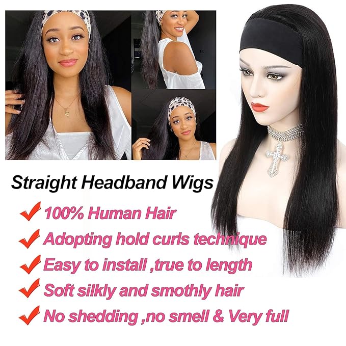 12 Inch Short Straight Headband Bob Wigs Glueless Headband Wig Human Hair Short Straight half wigs for Black Women 180% Density No Lace Headband Wig Natural Color Easy Put On