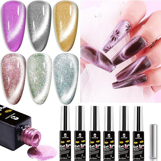 Clara Colors Cat Eye Gel Nail Polish Set, 6 Colors Autumn Holographic Glitter Cat Eye Gel Polish Kit with Magnet Romantic Galaxy Series Magnetic Nail Polish Long Lasting Soak Off UV LED