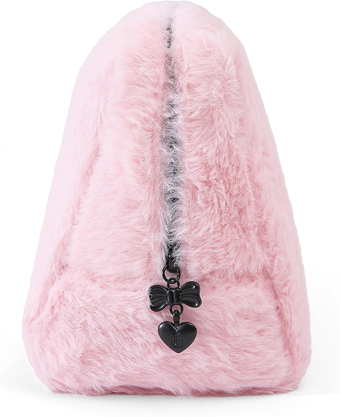 Juicy Couture Women's Cosmetics Bag - Travel Makeup and Toiletries Clutch Wedge Pouch, Pink Long Fur