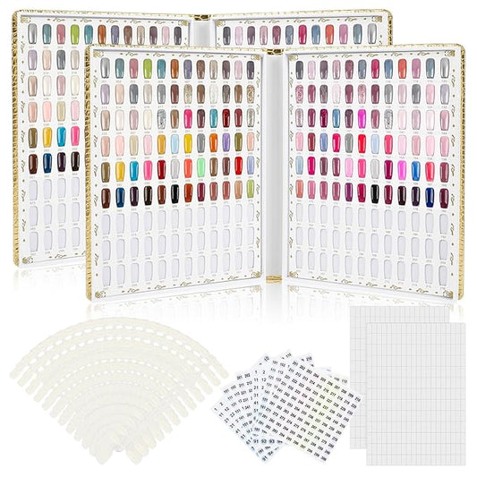 216 Colors Nail Display Chart, Nail Gel Polish Organizer Color Card with 240 False Nail Tips, Nail Color Display Book Chart Salon Nail Supplies Sample Chart Tool Set Nail Swatch (Gold, 2 Pack)