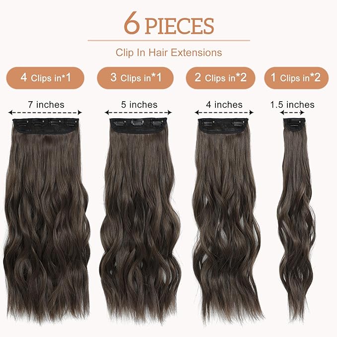 Clip in Hair Extensions for Women - 20 Inch Long Wavy Brown Extensions, 6PCS Chestnut Brown Hairpieces that Blend Naturally with Your Real Hair (20 Inch, Chestnut Brown)