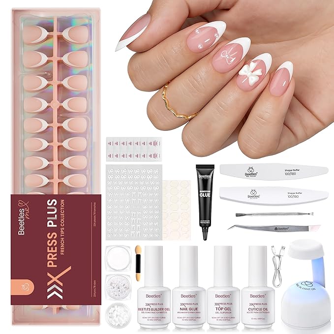 Beetles X Press Gel Nail Kit, French Tip Press On Nails Short Almond Kit with 224Pcs Nail Tips Nail Glue Builder Gel Top Coat Mini UV Light All-in-One DIY Wedding Nail Designs Gift for Women