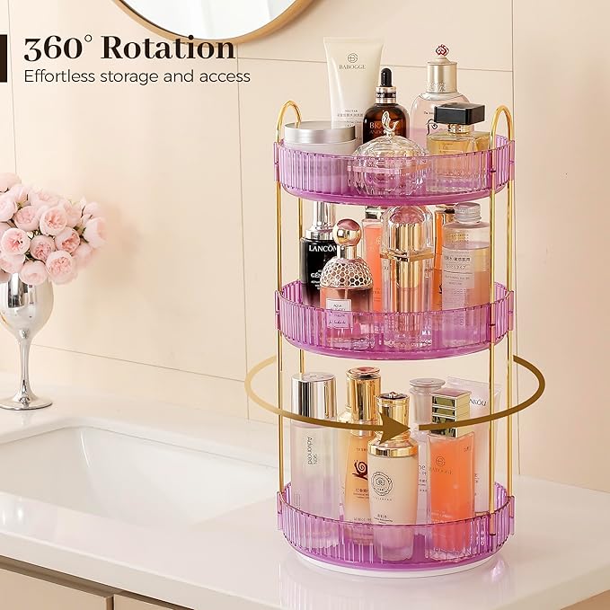 Aveniee Rotating Makeup Organizer for Vanity, Perfume Skincare Organizerss Large, Spinning Bathroom Counter Shelf Holder for Cosmetics, Skin Care, Lipsticks(3 Tiers, Purple)