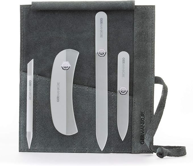 GERMANIKURE Crystal Glass Nail File Set in Light Gray Suede Case – Handmade in Czech Republic – Professional Manicure & Pedicure Supplies – Glass Cuticle Stick, Pusher, Moon File