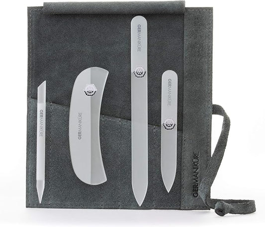GERMANIKURE Crystal Glass Nail File Set in Light Gray Suede Case – Handmade in Czech Republic – Professional Manicure & Pedicure Supplies – Glass Cuticle Stick, Pusher, Moon File