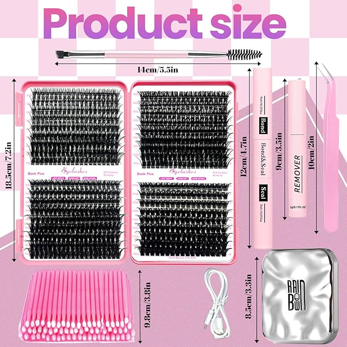 DIY Lash Extension Kit with 684pcs Lashes Clusters,1X/2X Magnification Compact Mirror with Light,Lash Bond and Seal,Eyelash Remover Tweezers Applicator Mascara Brush(50-60-80-100D)