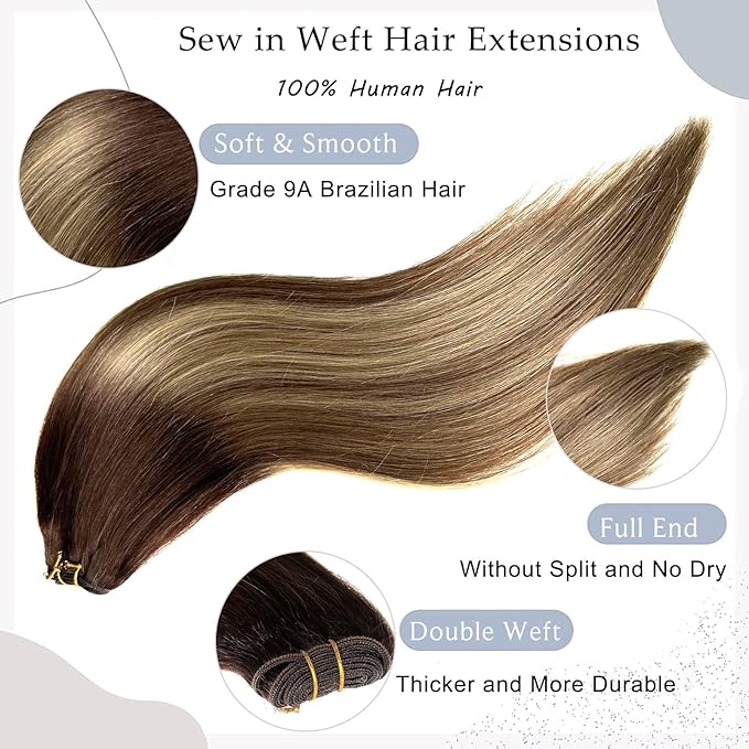 Sew in Hair Extensions Real Human Hair, Ombre Brown Balayage Ash Brown and Blonde Highlights Weft Hair Extensions Human Hair Bundles 12 Inch 80G Sew in Hair Extensions Hand Tied Weft Hair Extensins