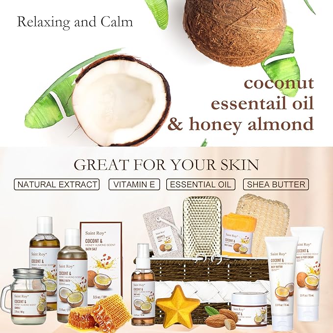 Beauty & Personal Care Set, Perfumes Bath Spa Gift Baskets 26 pcs for Women & Men Bath and Body Shower Bath Kit, Coconut & Honey Almond Pampering Large Luxury Home Spa Kit, Mother's Day Gifts for Mom