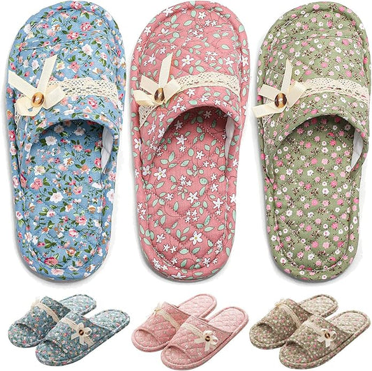 3 Pairs Floral Cotton House Slippers for Women, Open Toe Indoor Slippers Comfortable Washable Portable Foldable Guest Travel Hotel Airplane Spa Slippers
