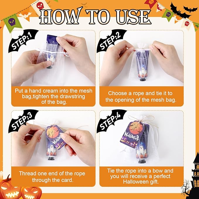 Halloween Hand Cream Set - 50 Gift Packs with Cards & Bags, Perfect for Parties & Decorations