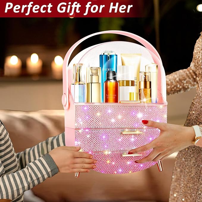 Bling Makeup Organizer for Teen Girl Gift,Hollywood Vanity Makeup Storage Box for Girl Birthday Gift,Practical Gift for Daughter,Bathroom Organizer,Skincare Organizer (Triple Pink)
