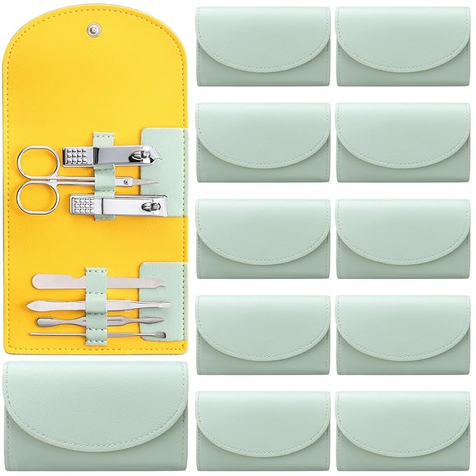 12 Set Manicure Set Bulk Mini Manicure Nail Clipper Kit 7 in 1 Stainless Steel Professional Nail Care Pedicure with Travel Portable Bag Grooming Kits for Women Men Home(Light Green)