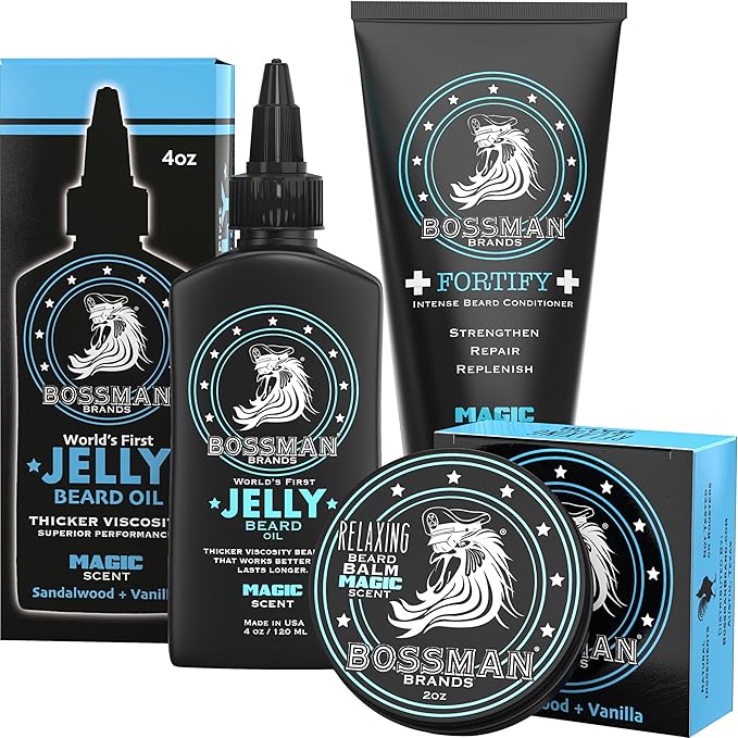 Bossman Essentials Beard Kit for Men - Beard Oil Jelly, Fortifying Conditioner Cream, Beard Balm - Grooming Growth Care Accessories (Magic)