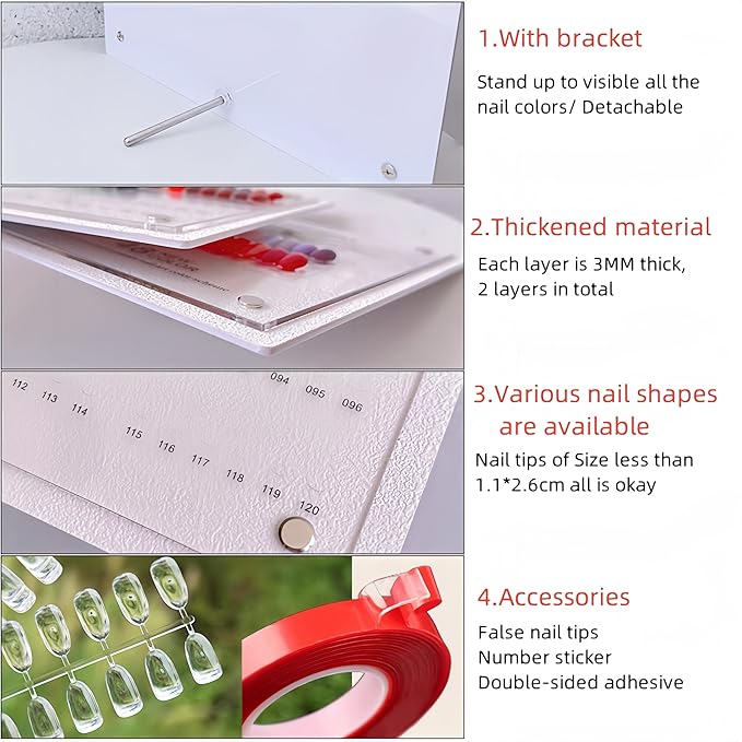 Acycoin2A 240 Nail Color Display Board Nail Art Sample Chart Acrylic Gel Polish Rack Colors Showing Shelf with False Nail Tips and Number Sticker