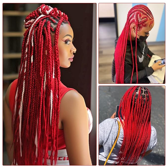 Red Braiding Hair 28 Inch 3 Packs Pre Stretched Braiding Hair for Box Braids Hot Water Setting Easy Braid Yaki Texture Braids Synthetic Hair Extensions Crochet Bradids Hair
