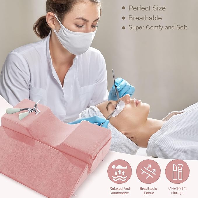 BALAPET Lash Pillows for Eyelash Extensions Ergonomic and Comfortable Velvet Foam Eyelash Pillow for Neck and Back Support Pillow Side Pockets can be Placed Tools,Easy to Graft Eyelashes(Pink)