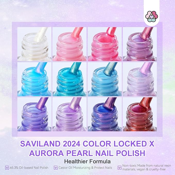 SAVILAND Aurora Nail Polish Set - 12 Shimmer & Holographic Quick-Dry Non-Gel Polish (Glossy, Pearl, Duochrome) with Base & Top Nail Coat, Salon & DIY Essentials for Nail Art