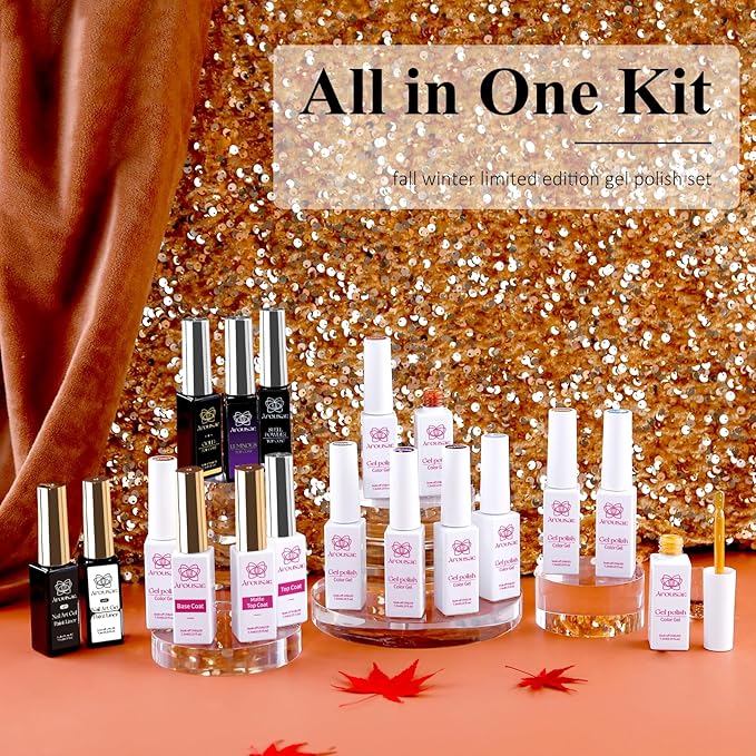 18Pcs Gel Polish-10 Color Fall Yellow Soak Off Nail Polish Brown Blue Gel Nail Polish Set, with 2pcs Nail Art Gel Liner and 6pcs Base & Top Coat Art Manicure DIY Salon Home