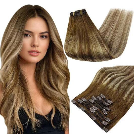 Full Shine Clip in Human Hair Extensions 18 Inch Real Hair Extensions Straight Clip in Human Hair Medium Brown Roots Ash Brown Mix Dirty Blonde Remy Hair Extension 7 Pcs 120 G
