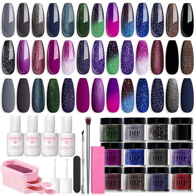 AZUREBEAUTY Dip Powder Nail Kit Starter Color Changing Glitter 20 Colors Magic Special Effect Dipping Powder Liquid Set with Base/Top Coat Activator for French Nails Manicure DIY Salon