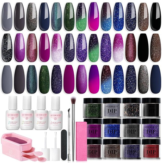 AZUREBEAUTY Dip Powder Nail Kit Starter Color Changing Glitter 20 Colors Magic Special Effect Dipping Powder Liquid Set with Base/Top Coat Activator for French Nails Manicure DIY Salon