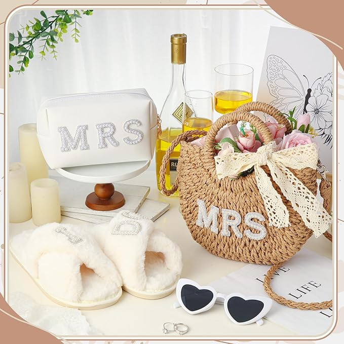 4 Pcs Bridal Shower Gift Set Include Handwoven Wedding Straw Purse Makeup Cosmetic Tote Bag Beach Bride Sunglasses Cross Band Women Slippers for Bridal Shower Bachelorette Party(Mrs)