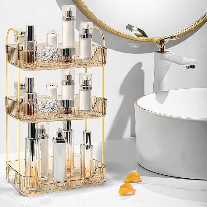 Bathroom Counter Organizer Countertop Storage Skincare Countertop Makeup Organizer Cosmetics Skincare Organizers Holder for Perfume-Amber-Golden Pole-3 Tier