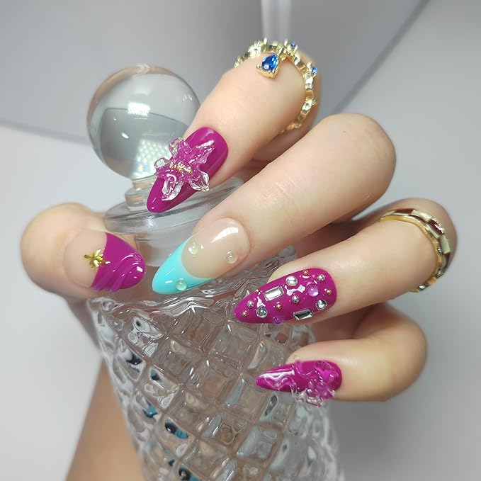 Almond Press on Nails Handmade Medium Long/Stiletto 3D Flower Fake Nail with Designs, Women Reusable False Nails (Purple Blue, S)