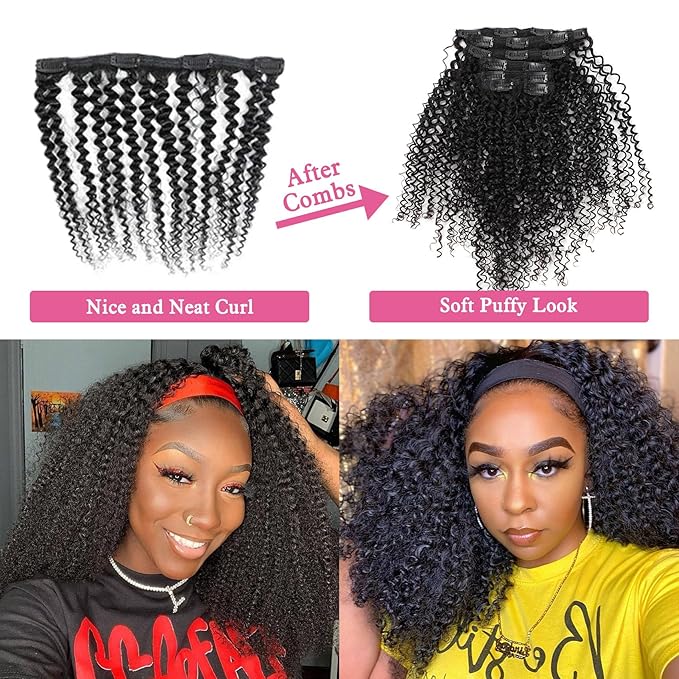 Curly Clip in Hair Extensions 3C 4A Kinky Curly Real Human Hair for Women OQ Curly Hair Natural Color 100% Brazilian Virgin Human Hair Extensions 7Pcs 120g/Set 22Inch