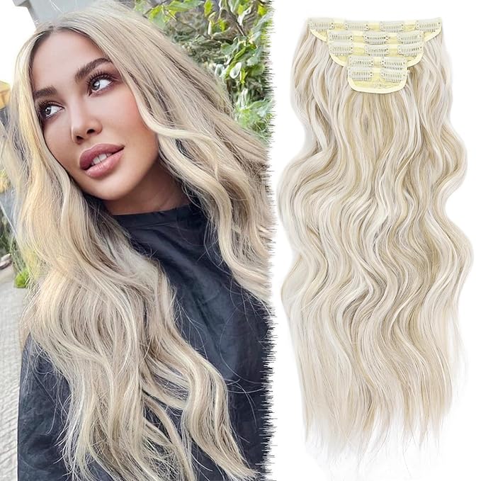 Clip in Hair Extensions for Women 20 Inch 5Pcs Long Wavy Curly Ash Blonde Highlight Hair Extensions Clip ins Full Head Synthetic Hair Extension for Women