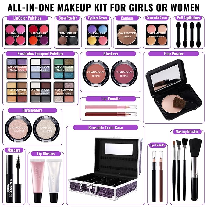 Makeup Kit for Teen Girls & Women Full Kit, Beauty Train Case with Starter Cosmetic Set, Make Up Valentine's Gift Box with Eyeshadow,Lipgloss,Highlighter,Blush,Lip&Eye Pencils,Brush & More(Purple)