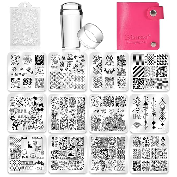 Biutee Nail Stamping Plates Set 12pcs Nail Plates 1stamper 1scraper 1storage bag Nail plate Template Image Plate Stencil Nails Tool (C)
