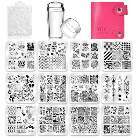 Biutee Nail Stamping Plates Set 12pcs Nail Plates 1stamper 1scraper 1storage bag Nail plate Template Image Plate Stencil Nails Tool (C)