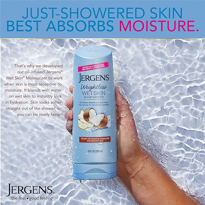 Jergens Wet Skin Body Lotion with Coconut Oil, In Shower Lotion for Dry Skin, Fast-Absorbing, Non-Sticky, Dermatologist Tested, 10 Ounce