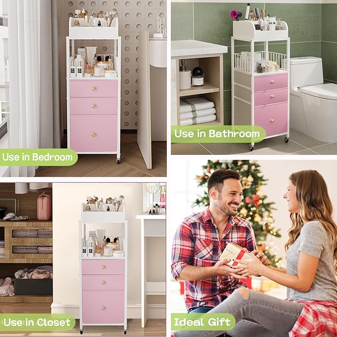 Makeup Organizer Cart with Drawers, Make up Organizers for Vanity, Floor Skincare Organizers- for Cosmetics, Nail Polish, Art Supply, Bathroom Vanity Desktop Organizer (White)