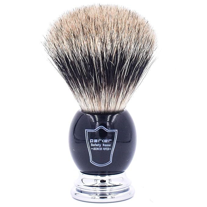 Parker Premium 3 Band Pure Badger Shaving Brush with Stand Included - Packaged in a Gift Box - Generate a Thick & Luxurious Lather with Your Favorite Shave Soap - Black & Chrome Handle