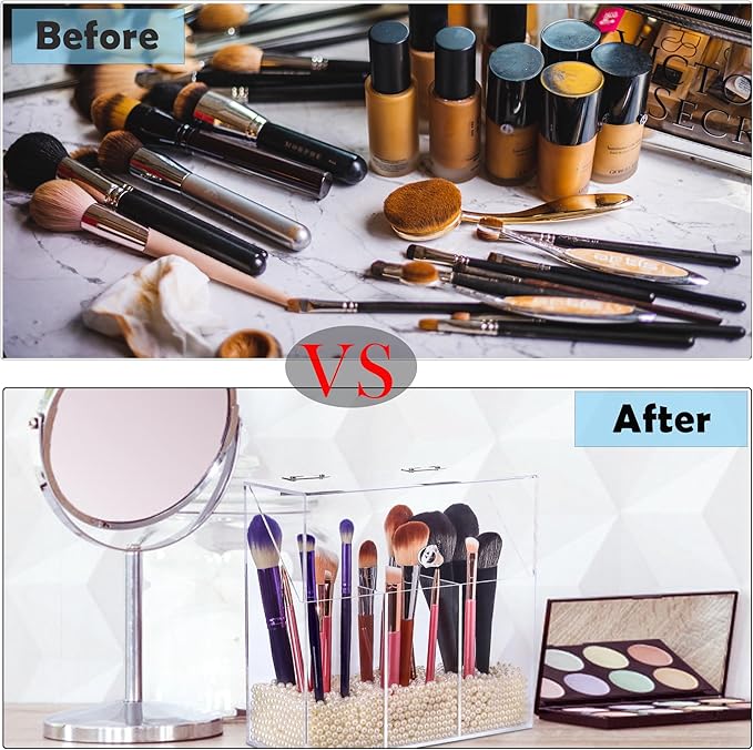 Acrylic Makeup Brush Holder with Lid - Clear Cosmetic Makeup Brush Organizer and Storage Box with Cover for Vanity - Large Capacity 3-Slots Container for Brushes (Clear)