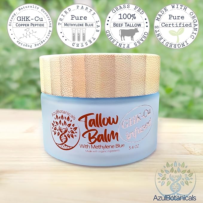 Copper Peptide GHK-Cu & Methylene Blue Infused Whipped Grass Fed Beef Tallow Balm, Anti-Aging, Fine lines, Wrinkles, Eczema, Acne, Full body moisturizer, All skin types, With Organic Ingredients 3.4oz
