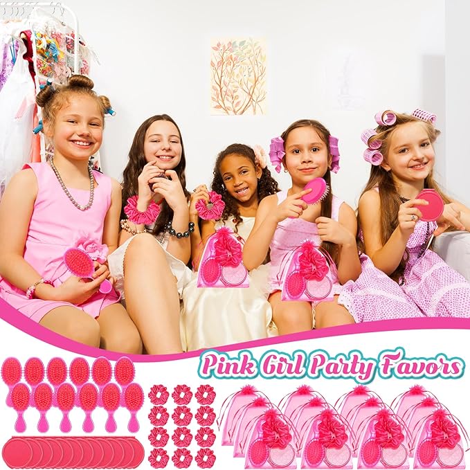 12 Set 12 Pcs Pink Girl Party Favors Kids Makeup Party Favor Pink Hair Brush Elastic Scrunchies Compact Cosmetic Mirror Organza Bags Hair Accessories for Girls Women