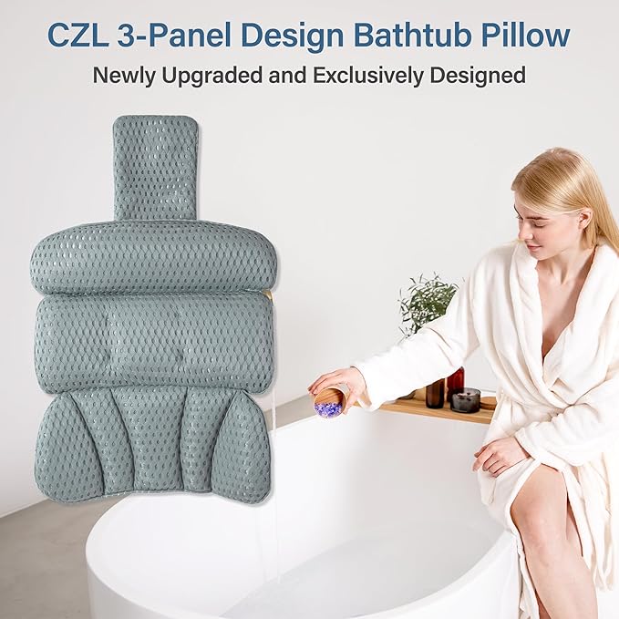 Bath Pillow Bathtub Pillow for Tub Luxury Bath Tub Pillows for Tub Neck and Back Support with 4D Air Mesh Fabric and 8 Strong Powerfull Non-Slip Suction Cups Relaxing Bath Accessories Spa Gifts, Grey