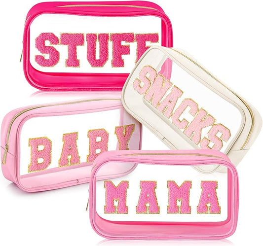 4 Pcs Mama and Baby Toiletry Bag Clear Chenille Letter Pouch Snacks Makeup Stuff Travel Diaper Bag Preppy Transparent Pouch with Zipper for Women Gift(Bright Color)