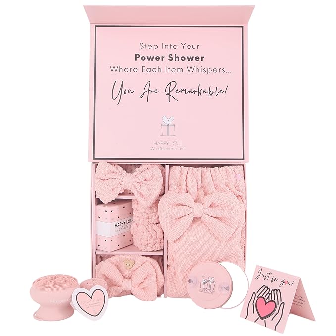 Happy Lolli Power Shower Gift Set: Luxury Bath Accessories Basket for Women & Teen Girls – Includes Body & Hair Towel, Wrist Bands, Headband, Face Sponge & More – Empower Your Routine (Fresh in Pink)