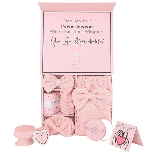 Happy Lolli Power Shower Gift Set: Luxury Bath Accessories Basket for Women & Teen Girls – Includes Body & Hair Towel, Wrist Bands, Headband, Face Sponge & More – Empower Your Routine (Fresh in Pink)