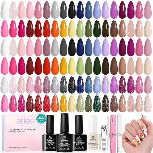 beetles Gel Polish 44pcs Gel Nail Polish Set 36 Colors Nail Polish Set with Base Coat Glossy Matte Glitter Top Coat Nude White Pink Red Blue Gel Gifts for Mom Colorful Muse Collection