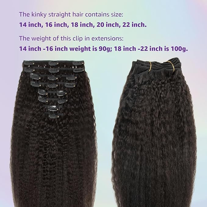 Kinky Straight Clip ins 22 Inch Clip in Hair Extensions Real Human Hair Brazilian Remy Human Hair for Women 8pcs 100g Per Set with 18 Clips Double Weft Natural Black