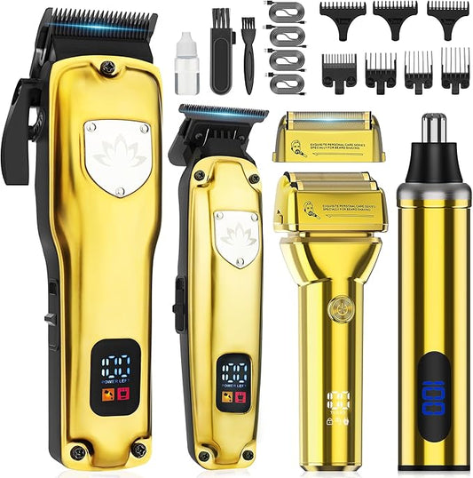 Karrte Professional Hair Clippers and Trimmer Set for Men, T-Shaper Trimmer & Foil Shaver, Nose & Ear Hair Trimmer, Cordless Clippers and Grooming Set, Hair Cutting Kit with LED Display Gold