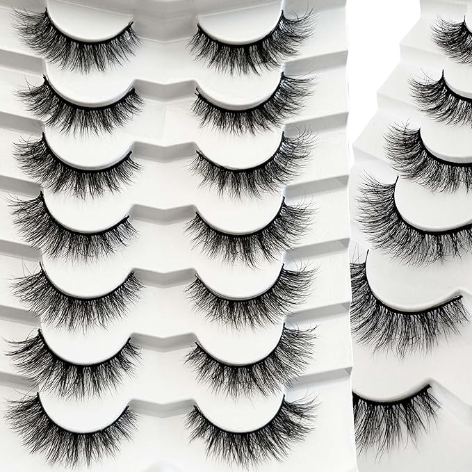 NINGLASH Wispy Lashes Strips False Eyelashes Natural Look 14mm Faux 3D Mink Lashes 7 Pairs Fluffy Cat Eye Lash Pack