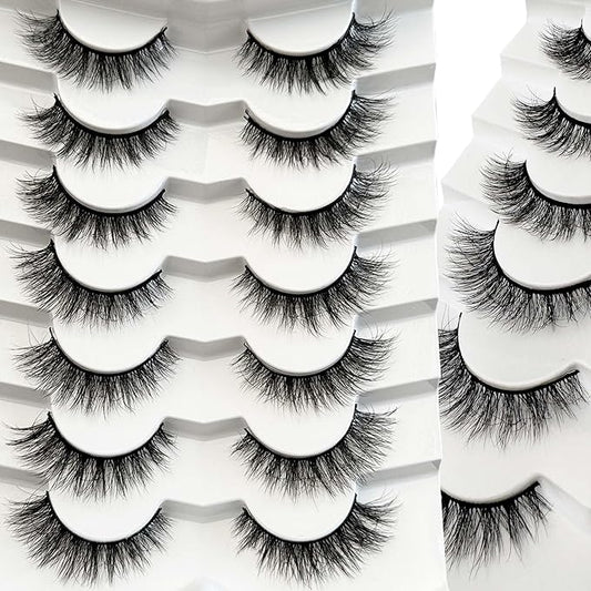 NINGLASH Wispy Lashes Strips False Eyelashes Natural Look 14mm Faux 3D Mink Lashes 7 Pairs Fluffy Cat Eye Lash Pack